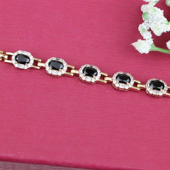 "Elegant Rose Gold Oval Black Stone Bracelet with Crystal Halos, XPBL0736 - Picture 1 of 12